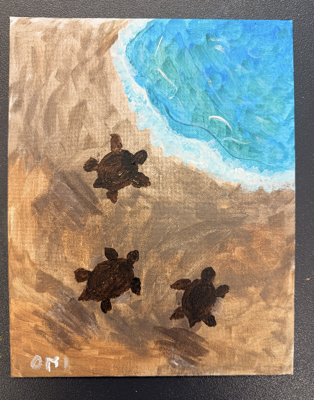 Canvas painting of sea turtles on a beach.