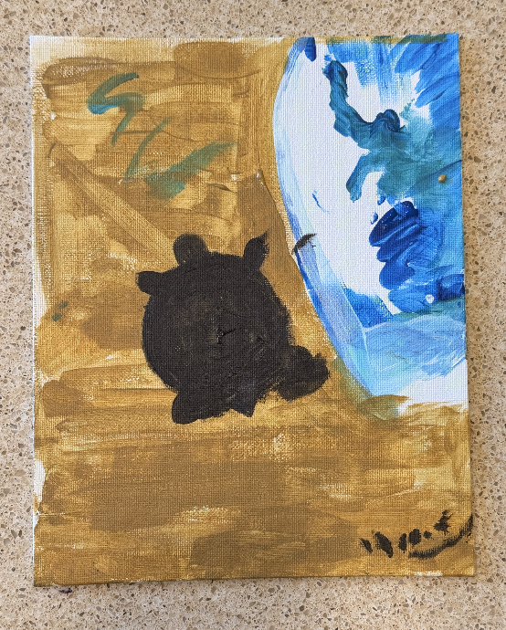 Canvas featuring a turtle silhouette beside a bright blue shoreline.
