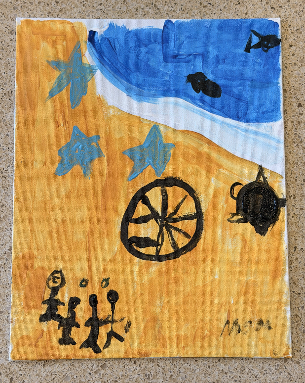 Canvas with ocean, beach, starfish, and figures painted by a resident.
