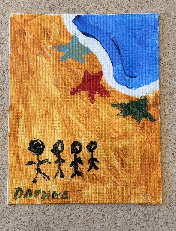 Canvas of a beach with three starfish and figures drawn in black.