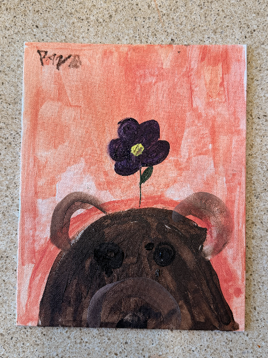 Finished animal-themed painting featuring a bear-like character and flower.